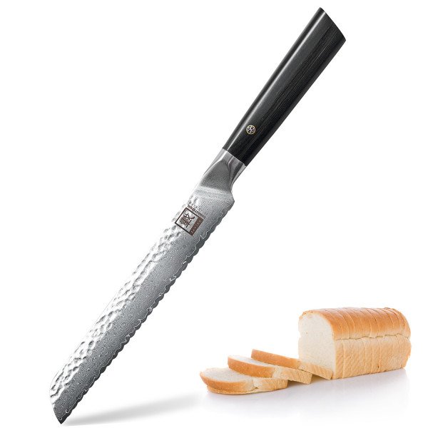 Zayiko Damastmesser Brotmesser, Klinge 20,00 cm Länge, japanischer Damaststahl VG-10, sehr hochwertiges Damast-Küchenmesser mit Paka-Holzgriff schwarz Kuro #ROKU