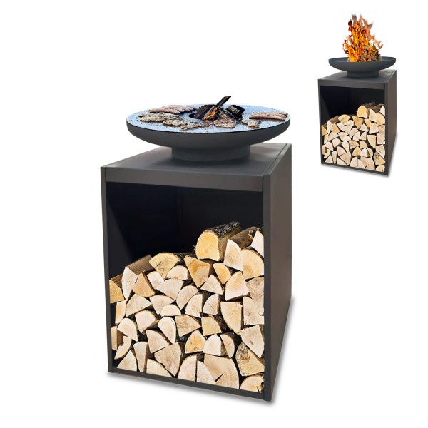 Oleio runde Design Feuerschale, Grillschale mit Grillplatte aus robustem Cortenstahl mit Holzlagerplatz schwarz