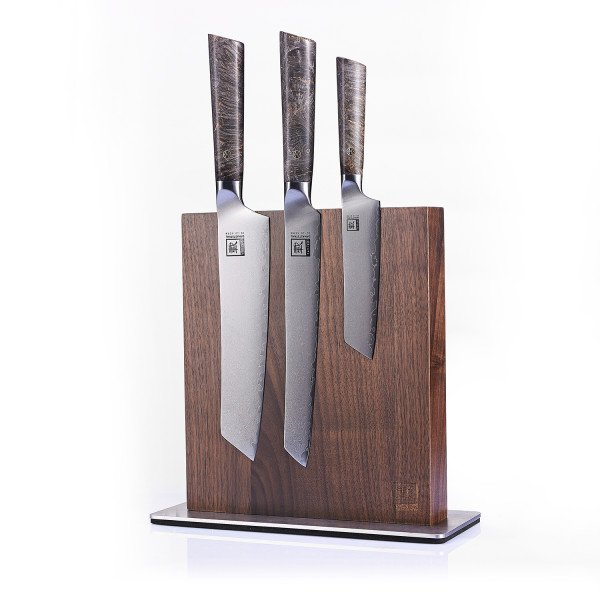 Zayiko 3er Damastmesser-Set - hochwertiges Profi Messer mit Ahornholzgriff inkl. magnetischem Messerbrett Nussbaum