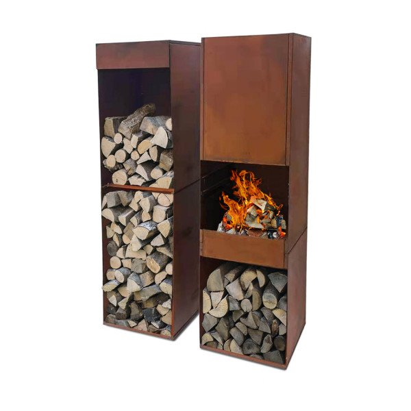 Oleio großer Design Kamin, Feuerstelle aus robustem Cortenstahl mit Holzlagerplatz rusty