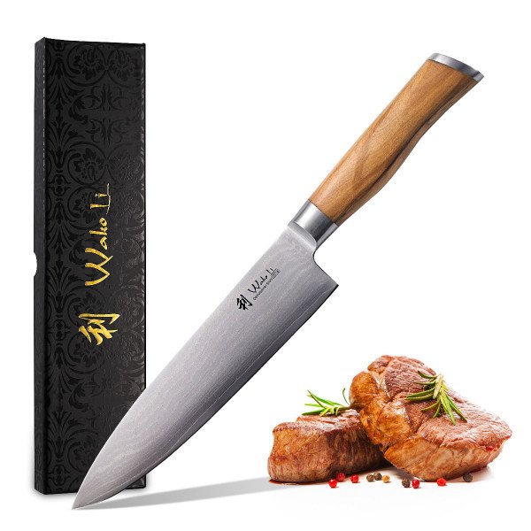 Wakoli Oliven Damast Chefmesser, Klingenlänge 20,00 cm - sehr hochwertiges Profi Messer mit Olivenholzgriff