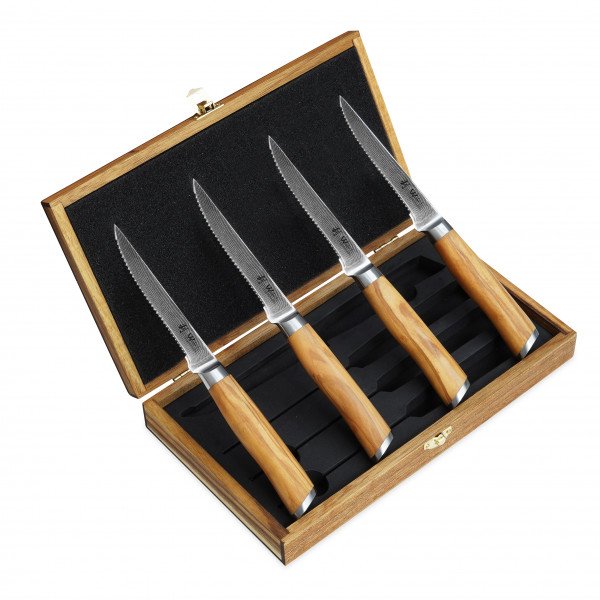 Wakoli - Exklusive 4er Damast Steakmesser-Set, Klingenlänge 12.50 cm mit Olivenholzgriff