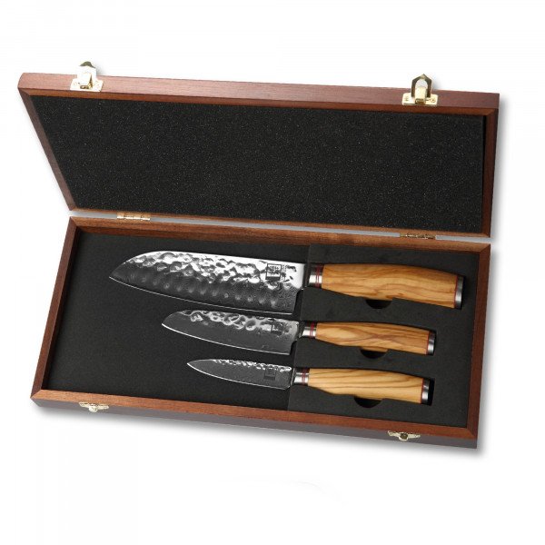 Zayiko 3er Damastmesser-Set - hochwertiges Profi Messer mit Olivenholzgriff