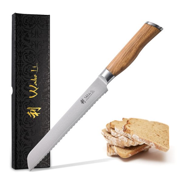 Wakoli Damast Brotmesser mit Olivenholzgriff, Klingenlänge 20,00 cm und Geschenkverpackung - japanischer Damaststahl VG-10