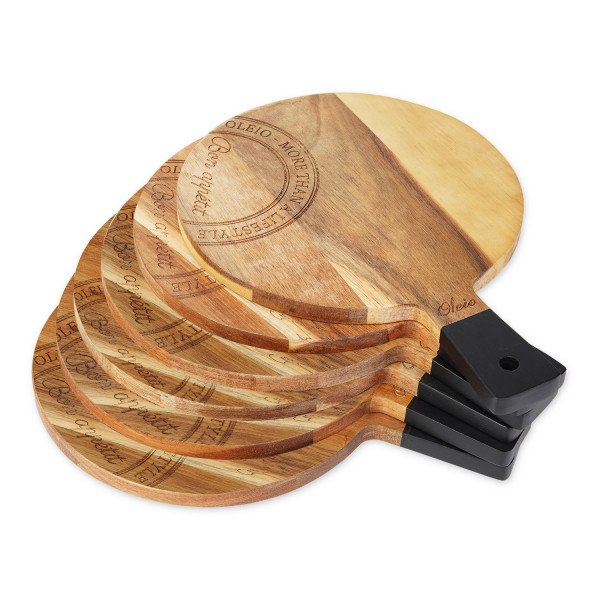 Oleio hochwertiges 6er-Set Schneidbretter 20,00 cm Durchmesser Frühstücksbretter aus massivem Akazienholz mit Gravur