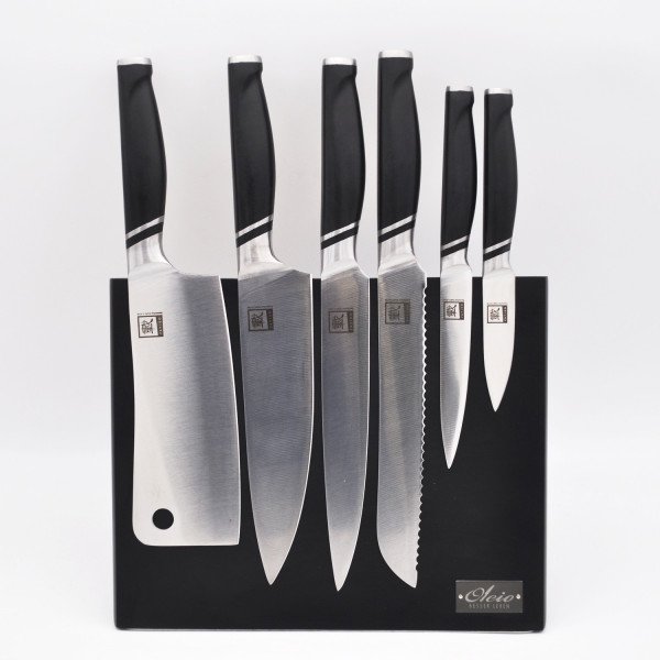 Zayiko 6er Messer-Set mit ABS Griffen Serie NAMI inkl. magnetischem Messerbrett aus schwarzem Eichenholz