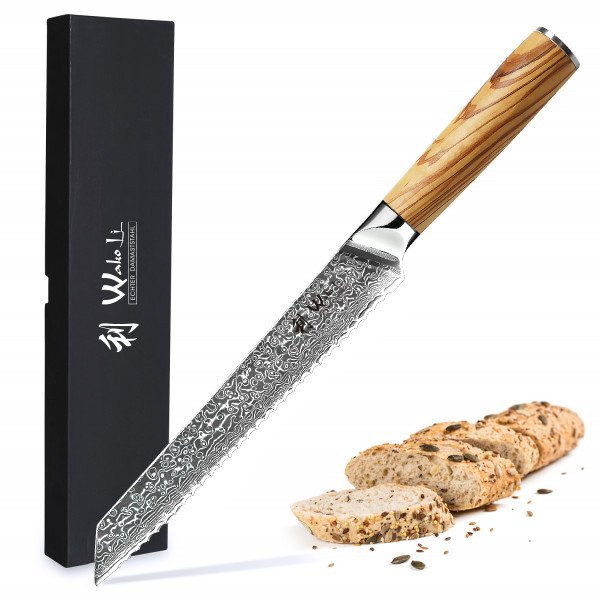 Wakoli Damast Brotmesser 20,00 cm Klinge mit Olivenholzgriff Serie Oribu