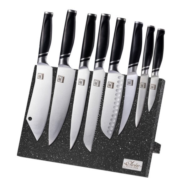 Zayiko 8er Messer-Set mit ABS Griffen Serie NAMI inkl. magnetischem Messerbrett schwarz