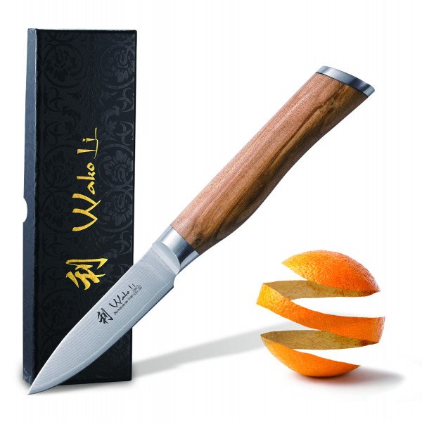 Wakoli Oliven Damast Officemesser, Klingenlänge 8,50 cm - sehr hochwertiges Profi Messer mit Olivenholzgriff