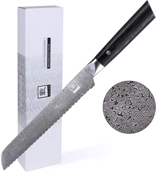 Zayiko Damast Brotmesser | Klinge 20,70 cm | Serie Black Edition