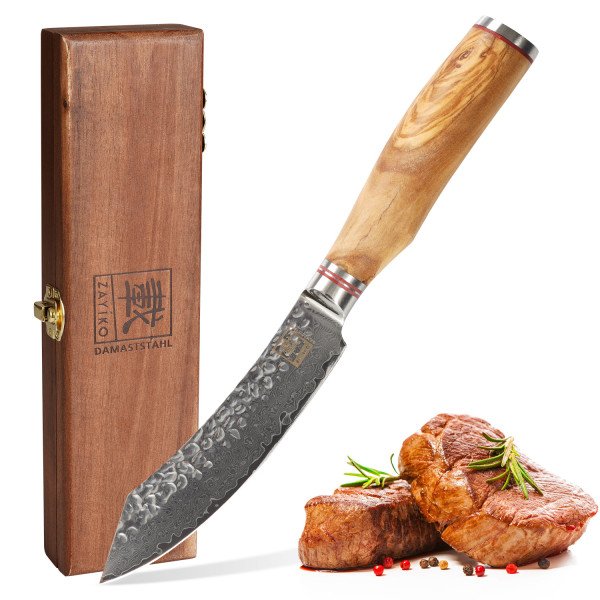 Zayiko Damast Steakmesser | Klinge 12,50 cm Länge | Serie Olive