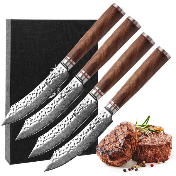 Wakoli exklusives 4er Damast Steakmesser-Set 12,50 cm Klingen aus 67 Lagen echtem Japanischen Damaststahl mit Griffen aus Nussbaum